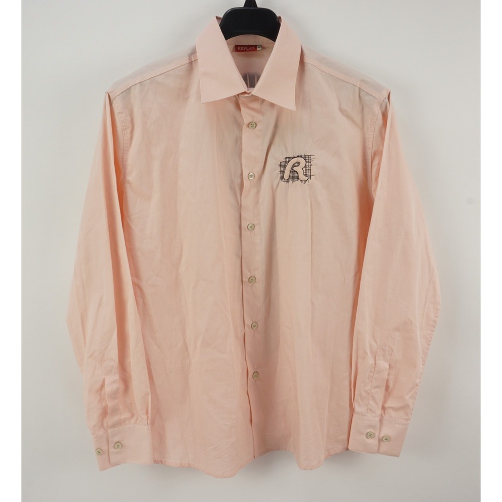 $250 REPLAY Italy Men XL Long Sleeve Pink Poplin Cotton Big Logo Button Up Shirt